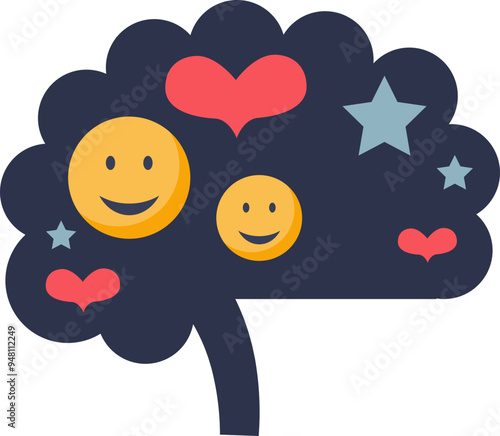 Illustration of a brain silhouette filled with positive icons like hearts and smiley faces, symbolizing optimism and happiness.