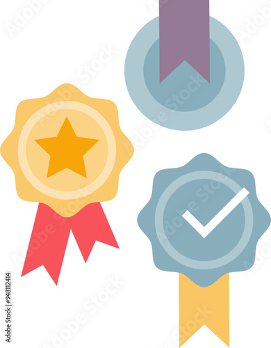 Three colorful badges symbolizing achievement, skills, and certification.
