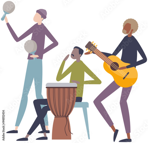 Animated band playing with guitar, drums, and maracas at a festive event.