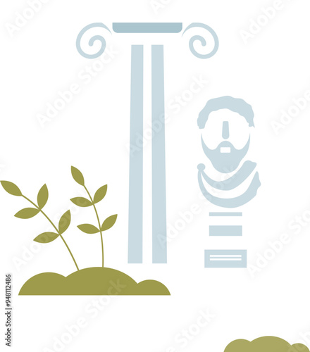 Ancient column and bust symbolize historical monument preservation.