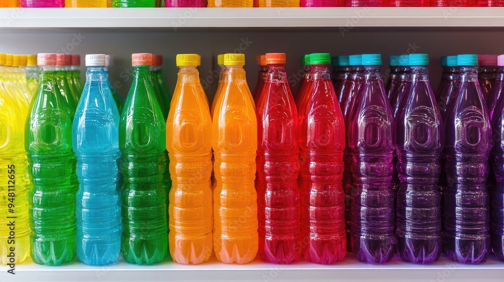A row of colorful plastic bottles arranged neatly on a store shelf. A row of colorful plastic bottles arranged neatly on a store shelf.
