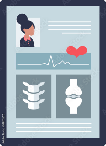 Digital tablet displaying health chart with heart rate, spine, and joint graphics, symbolizing medical data tracking.