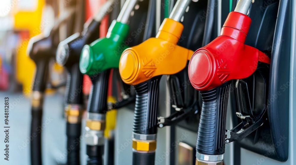A row of gas pumps with different colored nozzles A row of gas pumps with different colored nozzles