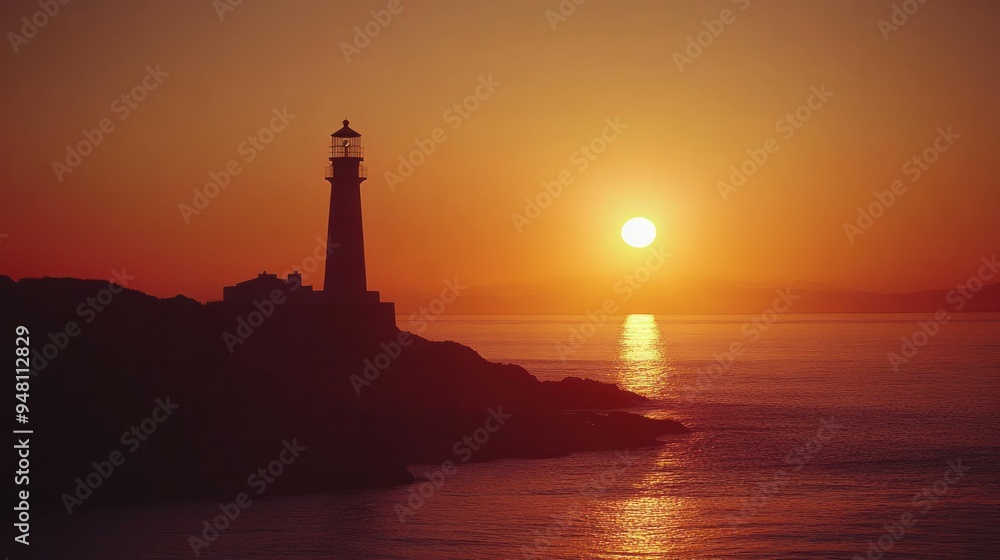 A stunning sunset with a lighthouse silhouetted against a clear sky. A stunning sunset with a lighthouse silhouetted against a clear sky.