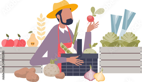 Illustration of a farmer with fresh produce, including fruits and vegetables, symbolizing farm-to-table freshness.