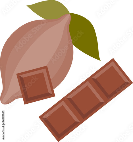 Illustration of a cocoa pod with leaves beside a chocolate bar, symbolizing the origin of chocolate.