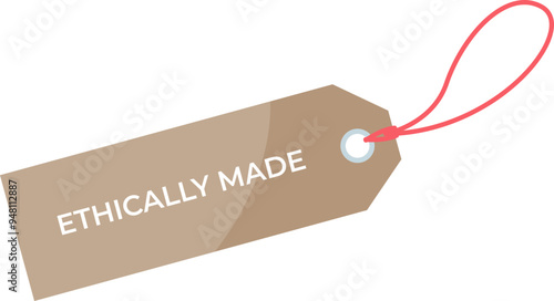 A tag with 'ETHICALLY MADE' text, symbolizing commitment to ethical fashion practices.