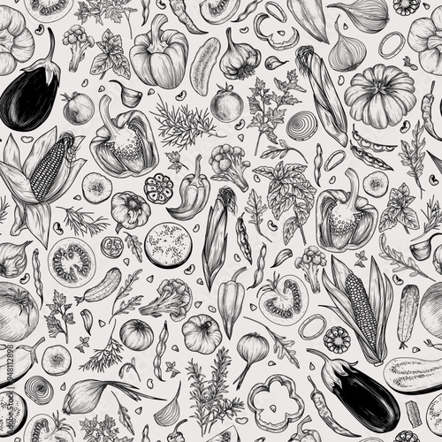 Seamless vector pattern vegetables and herbs. Whole, halves, slices, pieces. Tomato, pepper, chili pepper, eggplant, corn, beans, onion, garlic, broccoli, dill, arugula, parsley, mint, cucumber