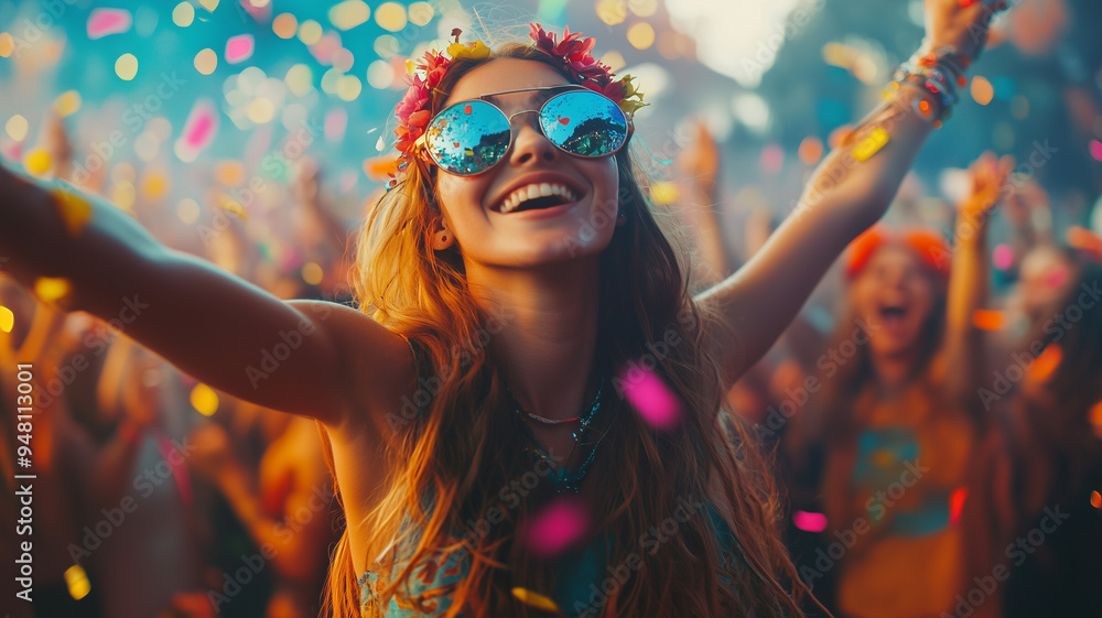Obraz premium A young woman dancing exuberantly in the crowd at an outdoor music festival, with the stage in the background and a sky full of lights, capturing the essence of live music and freedom. Ai generated