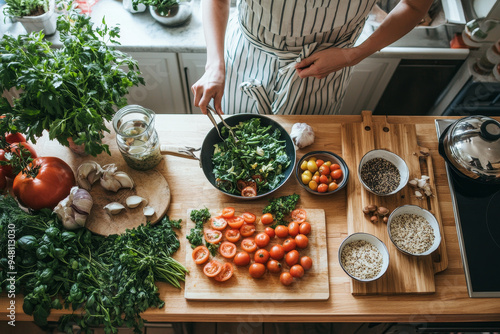 A bright kitchen where a person prepares a healthy meal, surrounded by fresh ingredients, symbolizing the connection between nutrition and mental health, promoting the importance of mindful eating photo