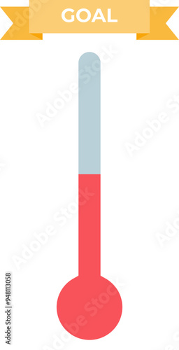 Illustration of a fundraising thermometer with red level rising towards a 'GOAL' banner.