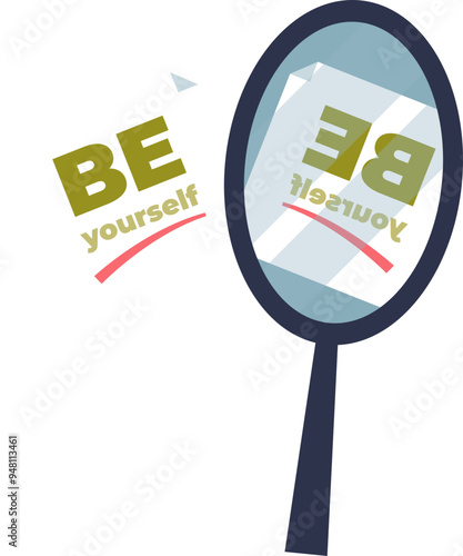 Handheld mirror reflecting positive affirmations, symbolizing self-acceptance and positive self-talk.