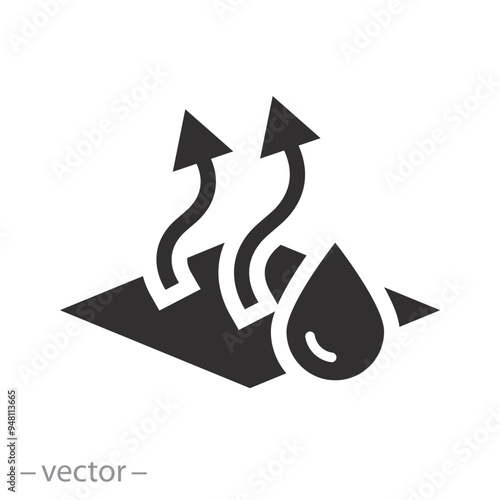 drying paint or varnish surface icon, moisture evaporation process of coating, steam or gas arrows, drop liquid on cloth, flat vector illustration photo