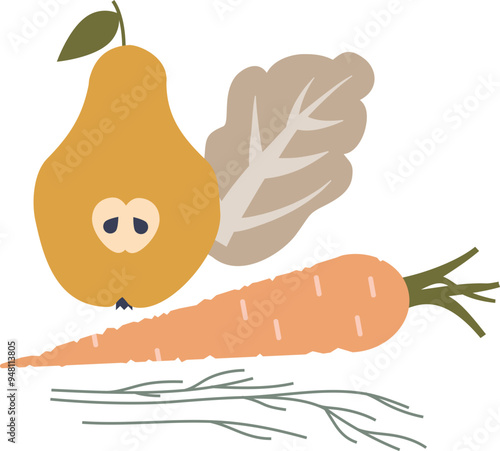 Illustration of wilted vegetables: a sad pear, droopy lettuce, and limp carrot, symbolizing food spoilage.