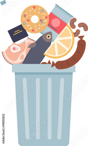 A trash can brimming with waste like food, paper, and a fish, symbolizing excess and waste management issues.