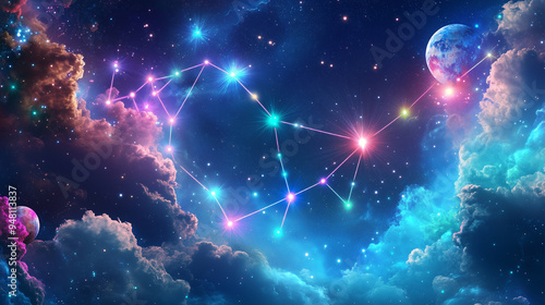 A colorful sky with a constellation of stars and a planet. The sky is filled with clouds and stars, and the colors are vibrant and bright. Concept of wonder and awe at the vastness of the universe