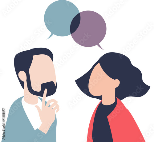 Two people conversing with speech bubbles, symbolizing communication and idea exchange.