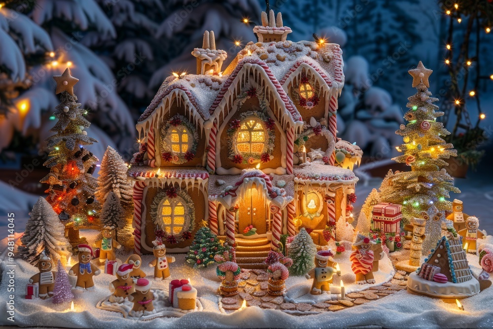 Fototapeta premium A whimsical gingerbread house decorated with colorful candy in a snowy winter landscape at night, surrounded by festive trees and lights