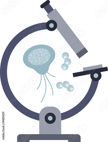 Cartoon of microscope viewing bacteria, symbolizing scientific research and microbiology.