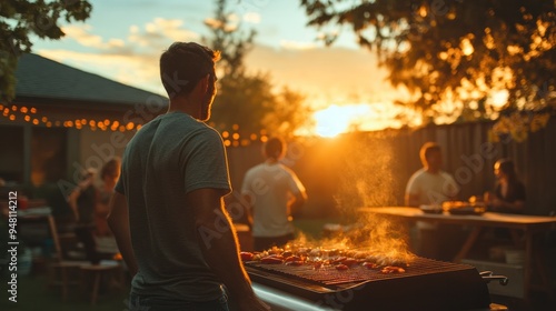 A family reunion centered around a backyard barbecue, with relatives of all ages enjoying the evening together.