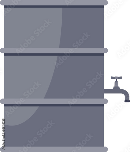 A grey rain barrel with a tap, symbolizing water conservation and sustainable living.