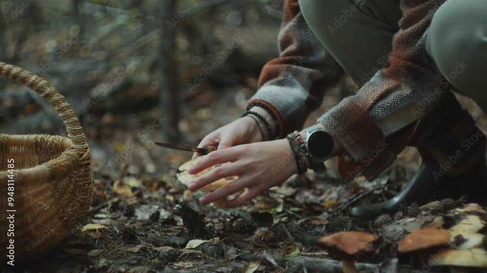 Young woman carefully harvesting mushroom with knife in forest, cutting stem and cleaning dirt off cap, then placing it into wicker basket Young woman carefully harvesting mushroom with knife in forest, cutting stem and cleaning dirt off cap, then placing it into wicker basket