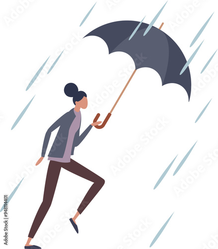 Person briskly walking with an open umbrella in the rain, symbolizing preparedness and protection.
