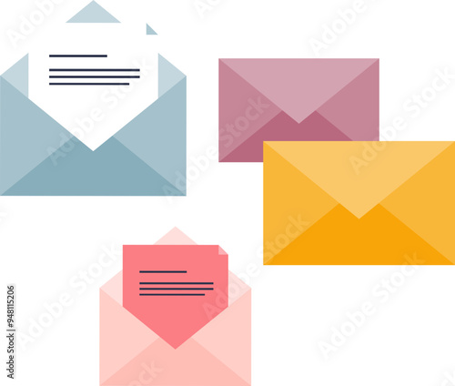 Colorful flat design envelopes, symbolizing mail, communication, and invitations.
