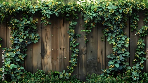 A wooden fence covered in vines and leaves