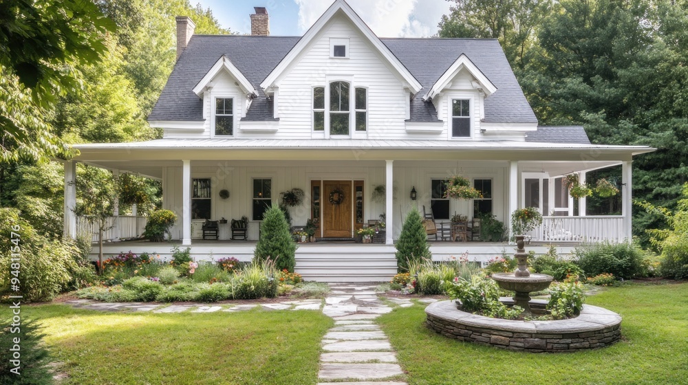 Charming White Farmhouse with a Stone Fountain Charming White Farmhouse with a Stone Fountain