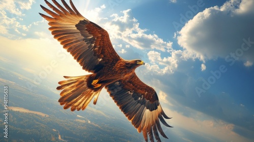 A large brown eagle is flying in the sky with a bright sun in the background