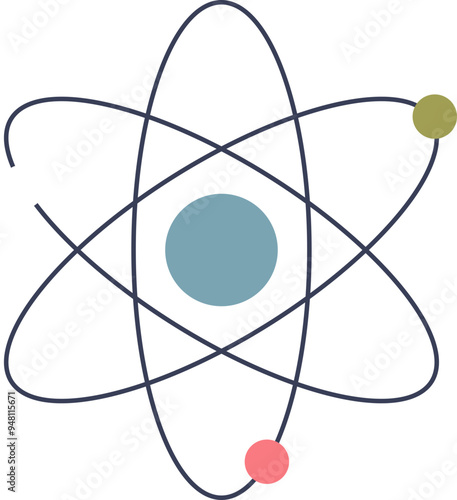 Simplified illustration of an atom with nucleus and orbiting electrons.
