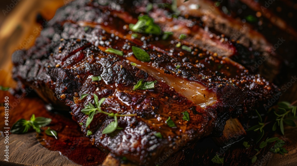 A beef brisket cooked to perfection, with a crispy exterior and juicy interior, garnished with fresh herbs. A beef brisket cooked to perfection, with a crispy exterior and juicy interior, garnished with fresh herbs.
