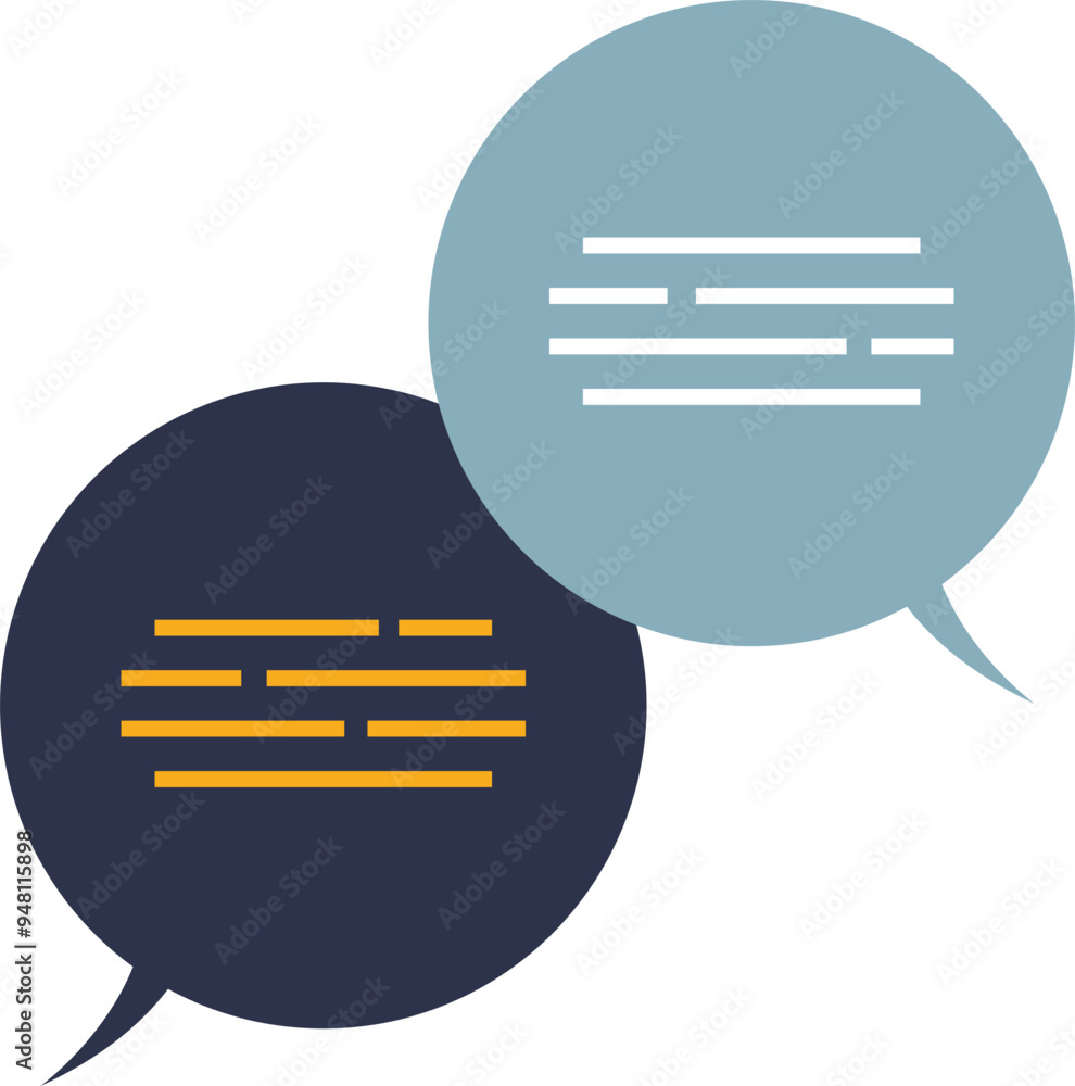 Two overlapping speech bubbles with text lines, symbolizing communication or dialogue. Two overlapping speech bubbles with text lines, symbolizing communication or dialogue.