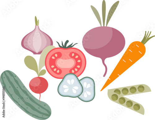 Colorful illustration of fresh vegetables including tomato, carrot, cucumber, and more, symbolizing healthy eating.