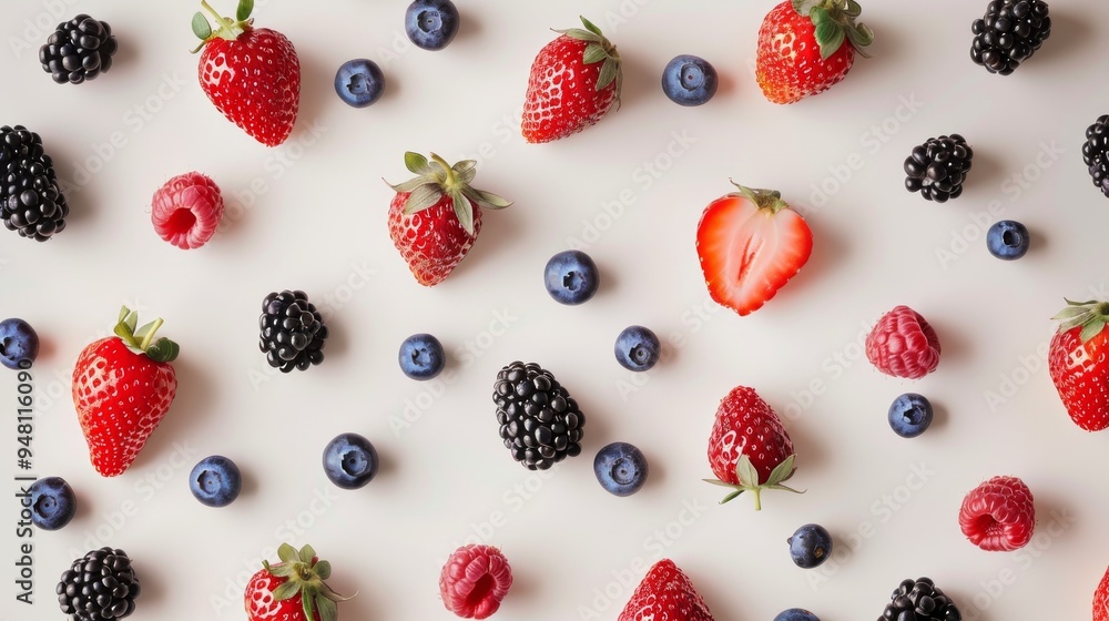 A bountiful collection of berries such as blueberries, strawberries, and blackberries, arranged in an elegant pattern on a soft, neutral background to emphasize their natural beauty. A bountiful collection of berries such as blueberries, strawberries, and blackberries, arranged in an elegant pattern on a soft, neutral background to emphasize their natural beauty.