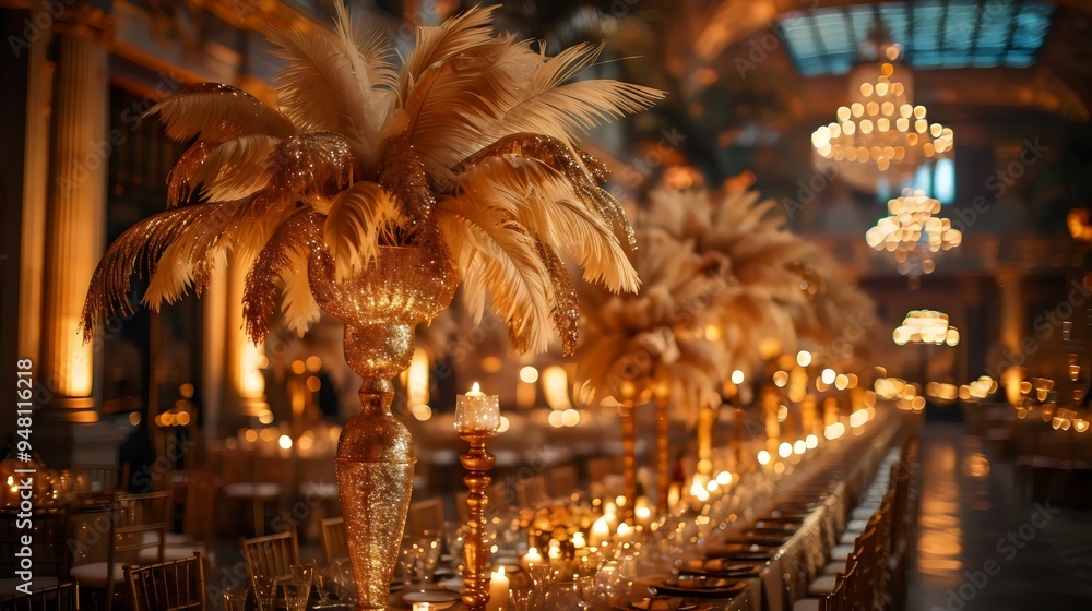 Obraz premium A large room with a chandelier and a table with many candles