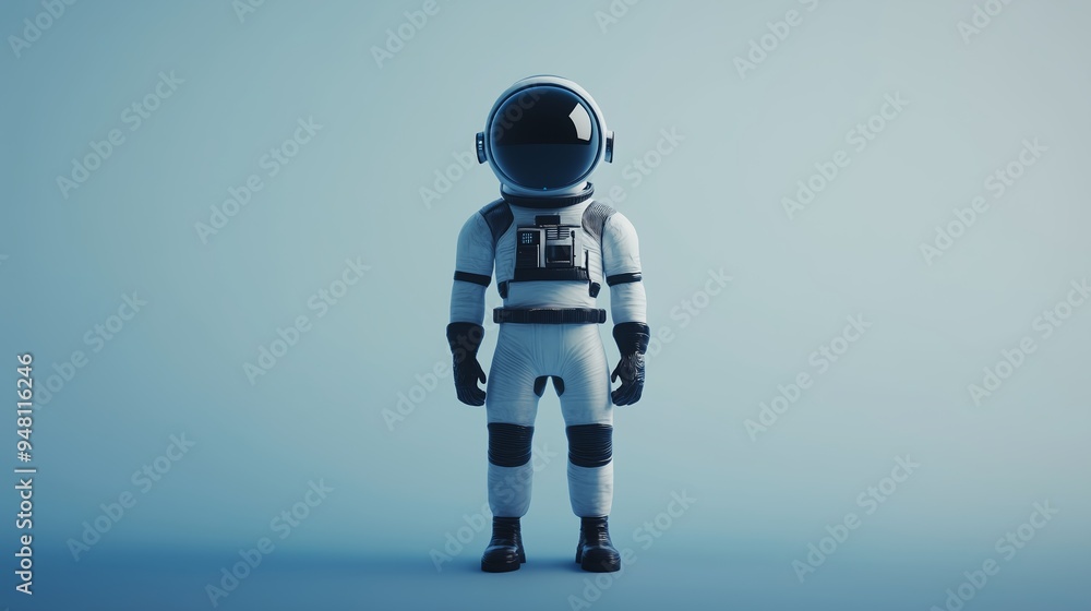 A futuristic astronaut stands confidently against a smooth, light blue backdrop, showcasing detailed space gear and a relaxed pose A futuristic astronaut stands confidently against a smooth, light blue backdrop, showcasing detailed space gear and a relaxed pose