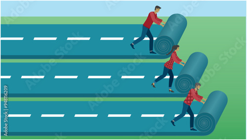 Group of people planning, rolling out carpet for the goals. Dimension 16:9. Vector illustration.