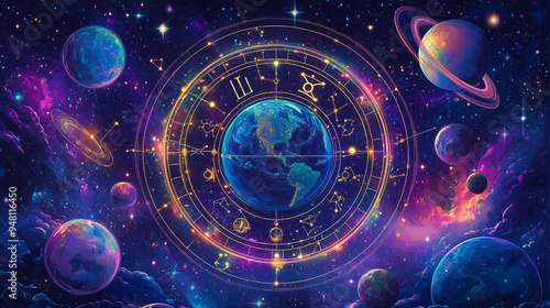 A colorful painting of the solar system with a large blue planet in the center. The planets are arranged in a circle around the blue planet, with some of them being closer to the viewer