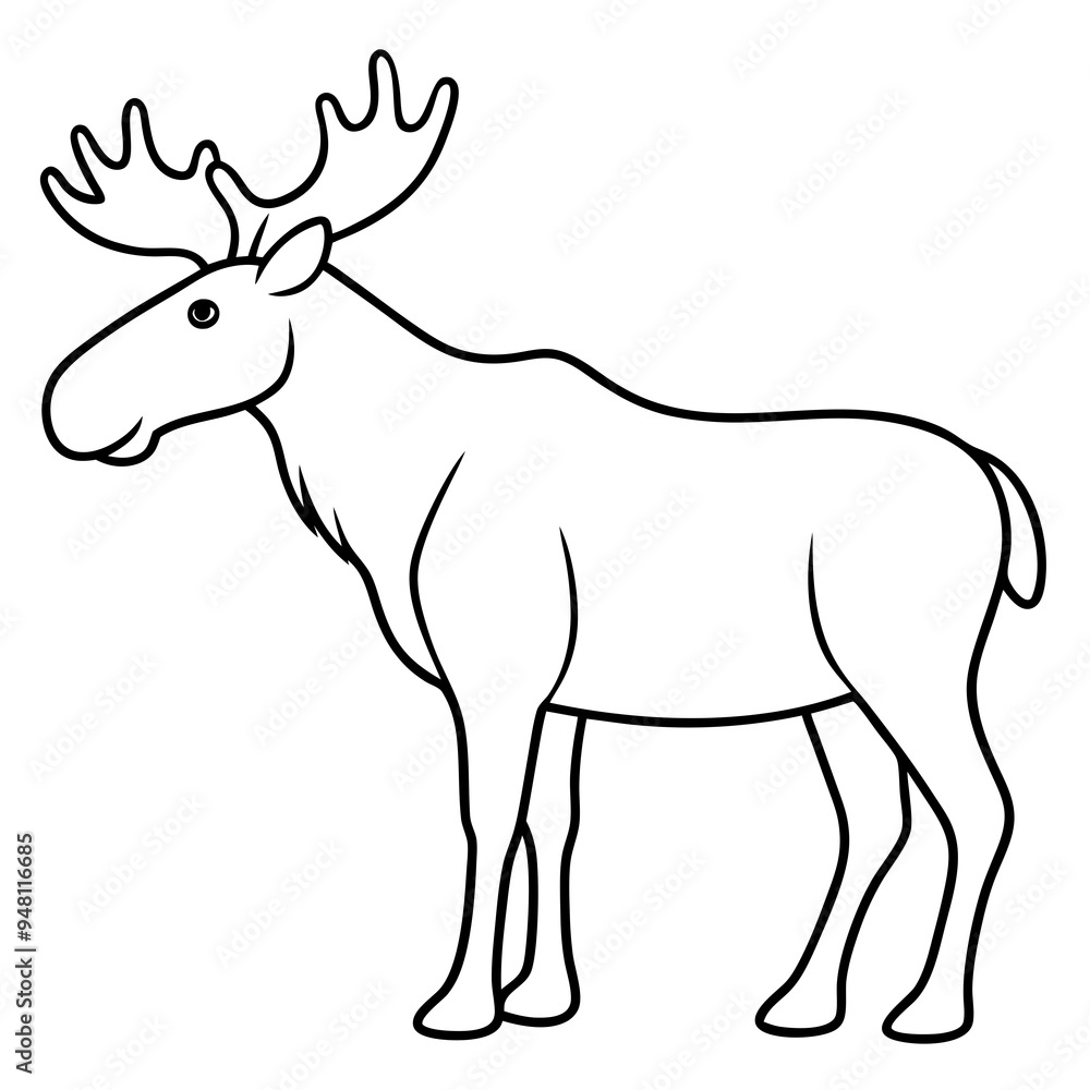 Vector Design Childish Contour Drawing of a Rounded Moose in Profile - Full Body Illustration Vector Design Childish Contour Drawing of a Rounded Moose in Profile - Full Body Illustration