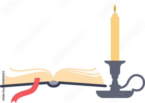 An open book with a red bookmark and a lit candle on a holder, symbolizing cozy reading time.