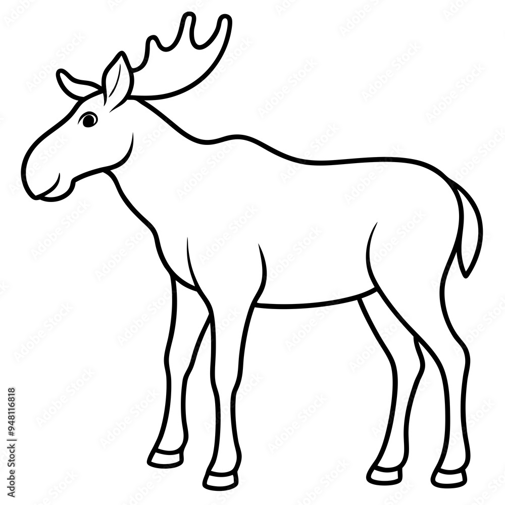 Vector Design Childish Contour Drawing of a Rounded Moose in Profile - Full Body Illustration Vector Design Childish Contour Drawing of a Rounded Moose in Profile - Full Body Illustration