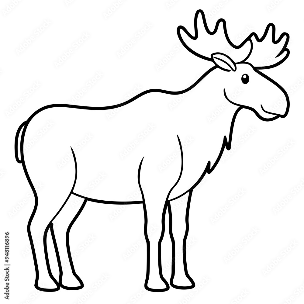Vector Design Childish Contour Drawing of a Rounded Moose in Profile - Full Body Illustration Vector Design Childish Contour Drawing of a Rounded Moose in Profile - Full Body Illustration