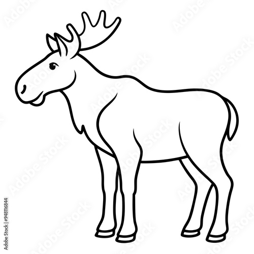 Vector Design Childish Contour Drawing of a Rounded Moose in Profile - Full Body Illustration