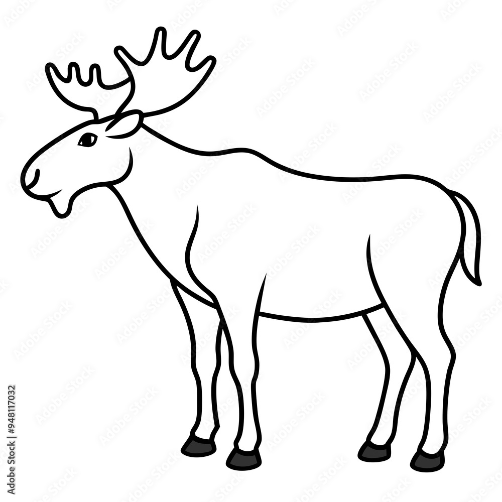 Vector Design Childish Contour Drawing of a Rounded Moose in Profile - Full Body Illustration Vector Design Childish Contour Drawing of a Rounded Moose in Profile - Full Body Illustration