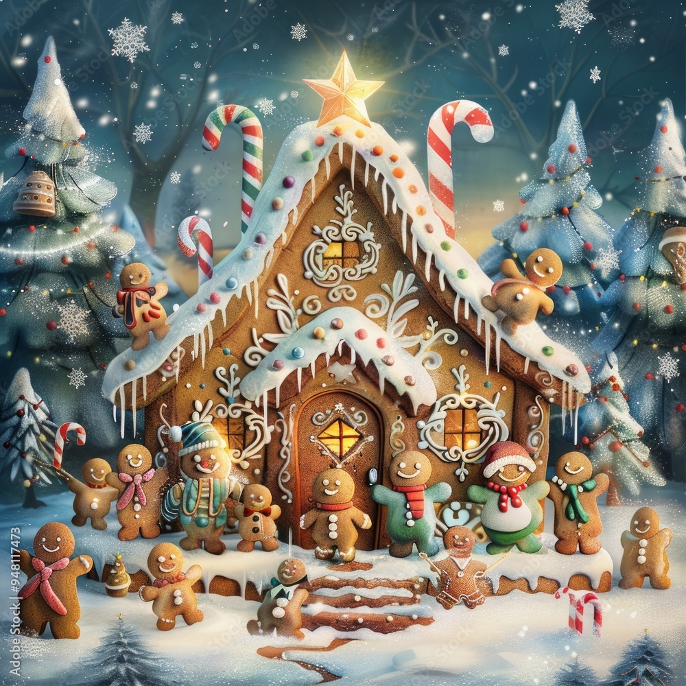 Fototapeta premium Gingerbread house decorated with candy canes and snowmen during a festive winter celebration in a snowy landscape