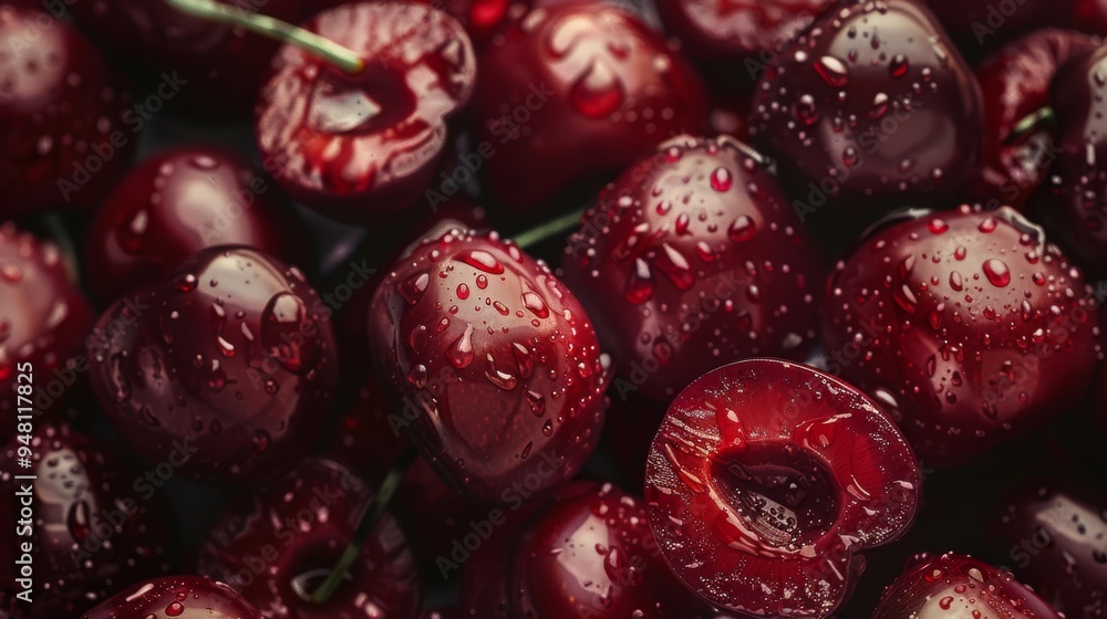 A captivating background with a mix of whole and halved cherries, displaying their rich, red interior and glistening surfaces A captivating background with a mix of whole and halved cherries, displaying their rich, red interior and glistening surfaces