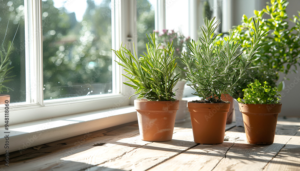 Pots with rosemary on table Pots with rosemary on table