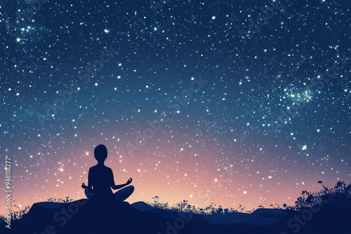 A peaceful night scene with a person practicing guided meditation before sleep, under a starry sky, symbolizing the role of meditation in improving mental health and promoting restful sleep